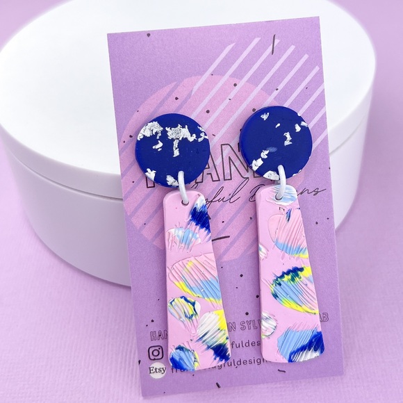 Jewelry - Colorful Abstract Design Polymer Clay Dangle Earrings Handmade Funky